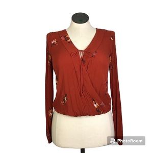 Mossimo Supply Women Crop Top Long Sleeve V- Neck Color Brown Size S Style Boho